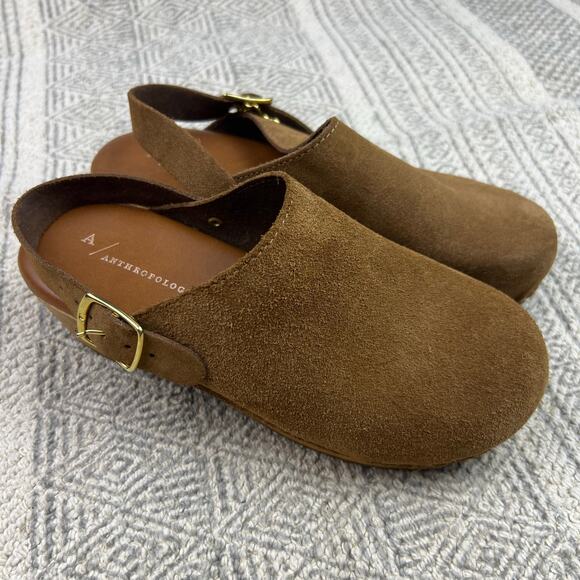 Anthropologie Brown Suede Wooden Platform Clog Sandals, Adjustable Buckle Strap - Picture 3 of 10